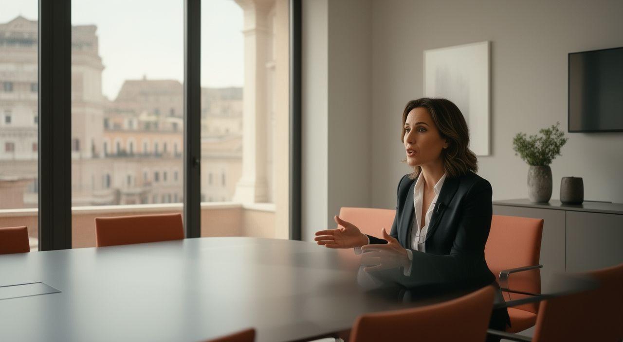 Professionista elegante durante un colloquio in una sala riunioni moderna con luce naturale, a Roma